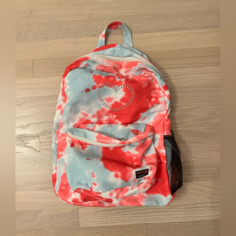 Pink and Blue Tie-Dye Backpack with Heart Design